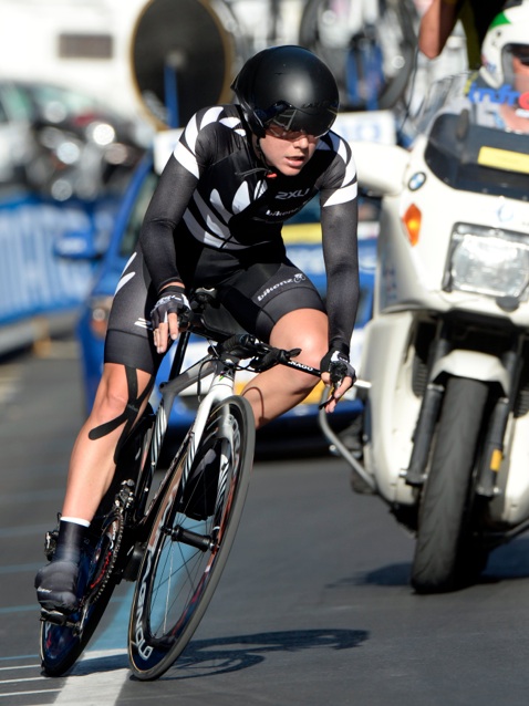 New Zealand cyclist Linda Villumsen in action at the time trial at the UCI World Road Cycling Championships in Italy today.
